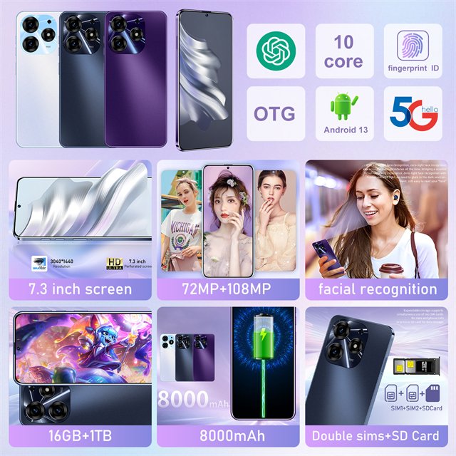 Cheap 16+1tb Mobile Phone Cell Phone 5g Smartphone Gaming Cellphone Original Android Dual SIM Spark20pro Phone 3g&4g Smartphone